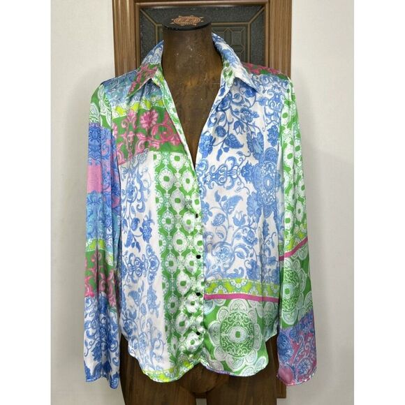 Zara Satin Button Blouse Wide Sleeve Size Medium Multi Color Floral V Neck - Picture 1 of 9